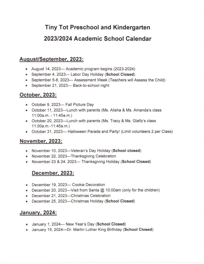 Tiny Tot Preschool & Kindergarten 2023/2024 Academic School Calendar